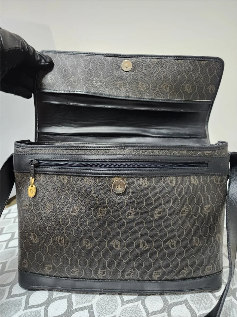 Christian Dior Vintage Honeycomb Canvas Messenger Bag Black